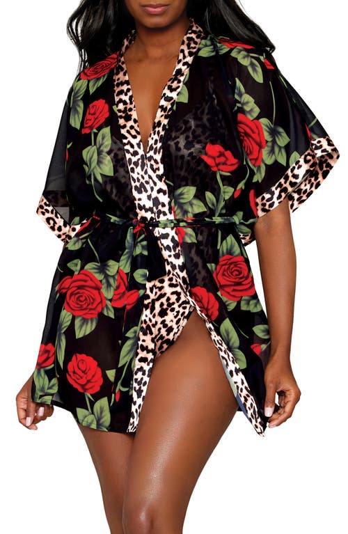 Leopard Print Teddy & Robe Set in Leopard/Rose