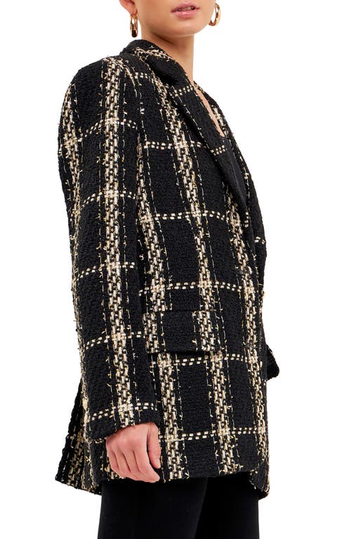 Shop Endless Rose Premium Plaid Oversize Tweed Blazer In Black