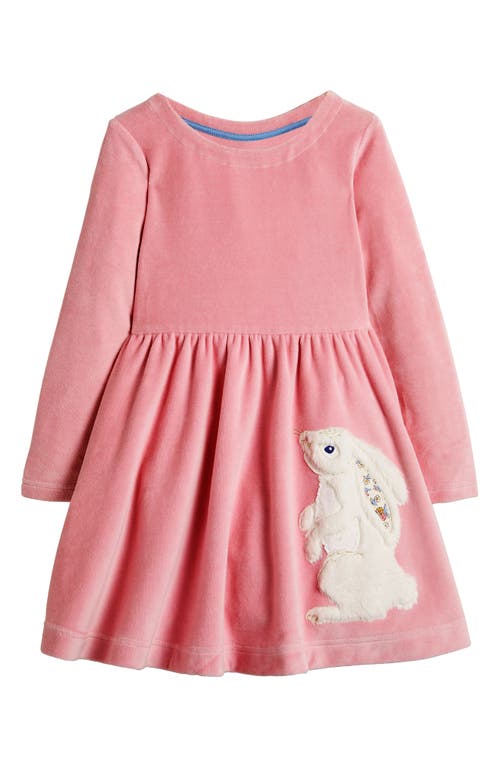 Mini Boden Kids' Appliqué Bunny Long Sleeve Velour Dress in Cameo Pink Bunny
