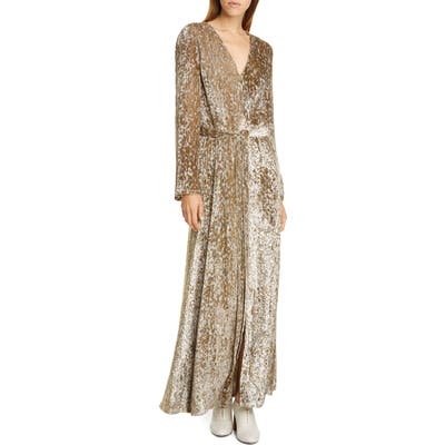 Co Belted Long Sleeve Metallic Velvet Gown, Metallic
