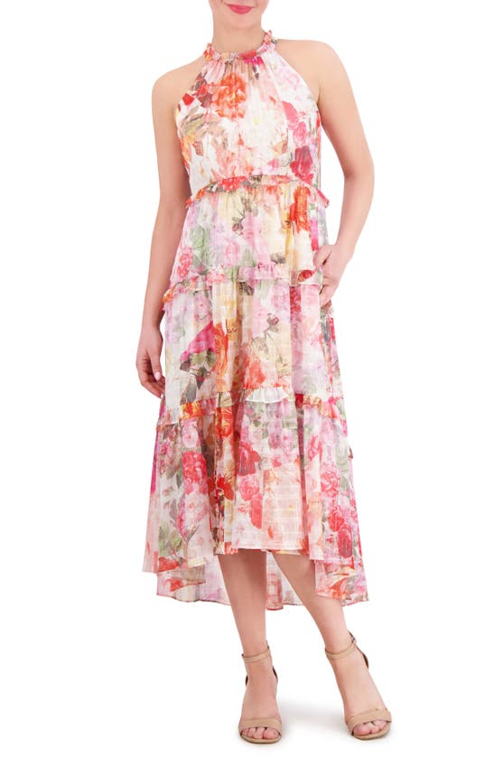 Shop Vince Camuto Floral Metallic Stripe High-low Tiered Midi Dress In Pink