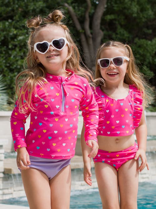 Rufflebutts Girls Upf50+ Long Sleeve Zipper Rash Guard 2-piece In Colorful Hearts