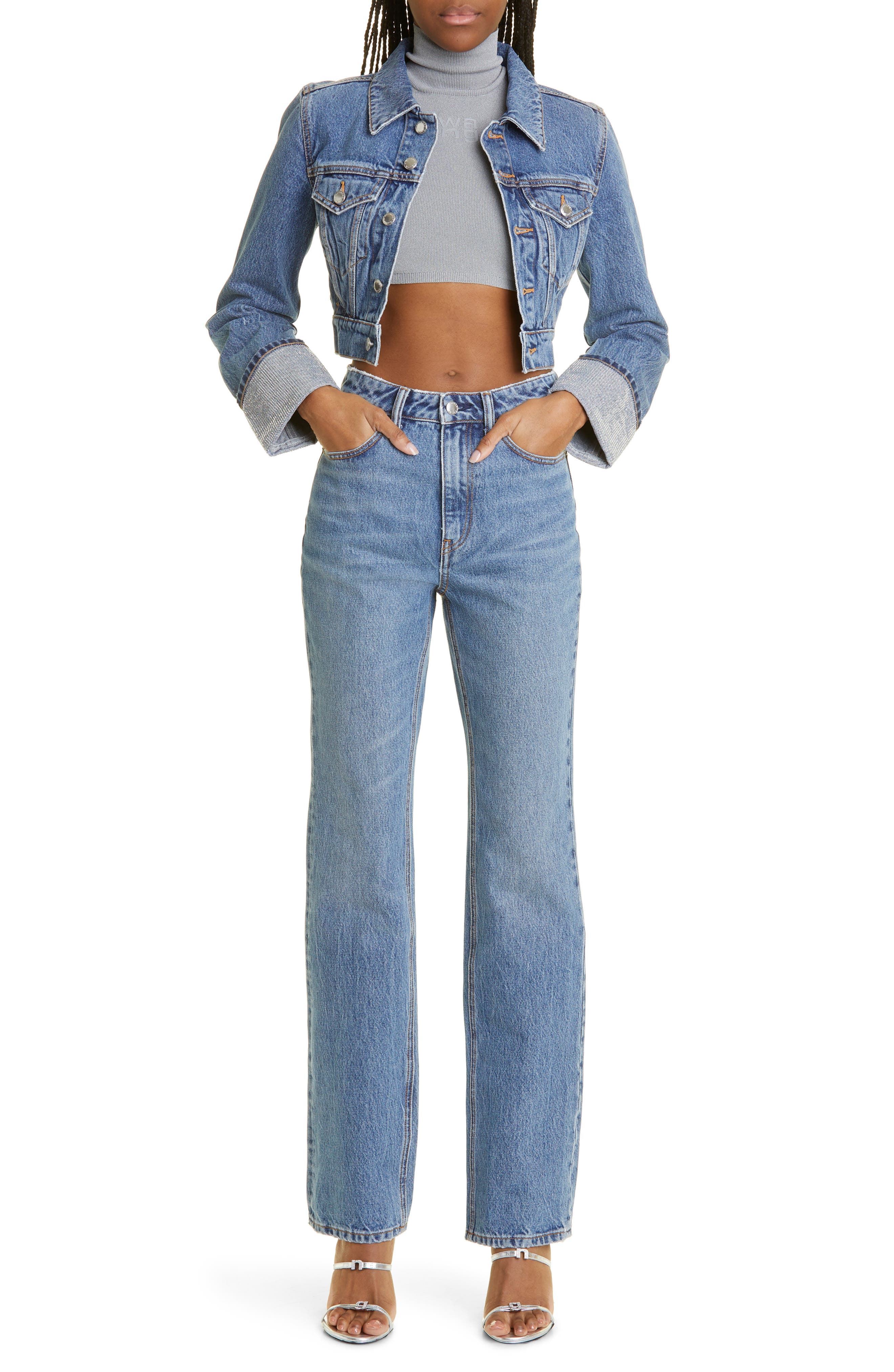 Alexander Wang Shrunken Crystal Cuff Denim Trucker Jacket in 473