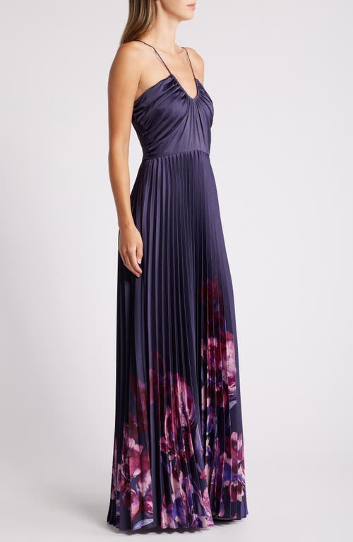 Shop Julia Jordan Placed Floral Pleated Satin Dress In Purple Multi