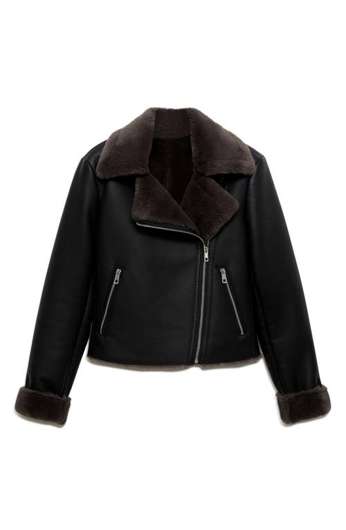 Mango Faux Leather Moto Jacket With Faux Fur Lining In Black