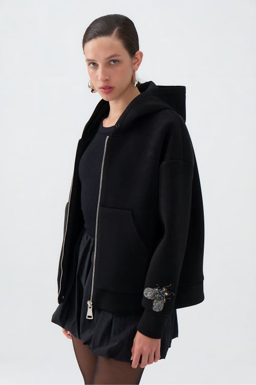 Shop Nocturne Zippered Kangaroo Pocket Sweatshirt In Black