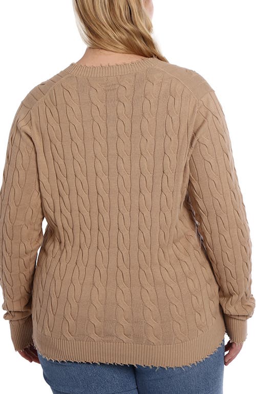 Shop Minnie Rose Frayed V-neck Cable Knit Cotton Cardigan In Brown Sugar
