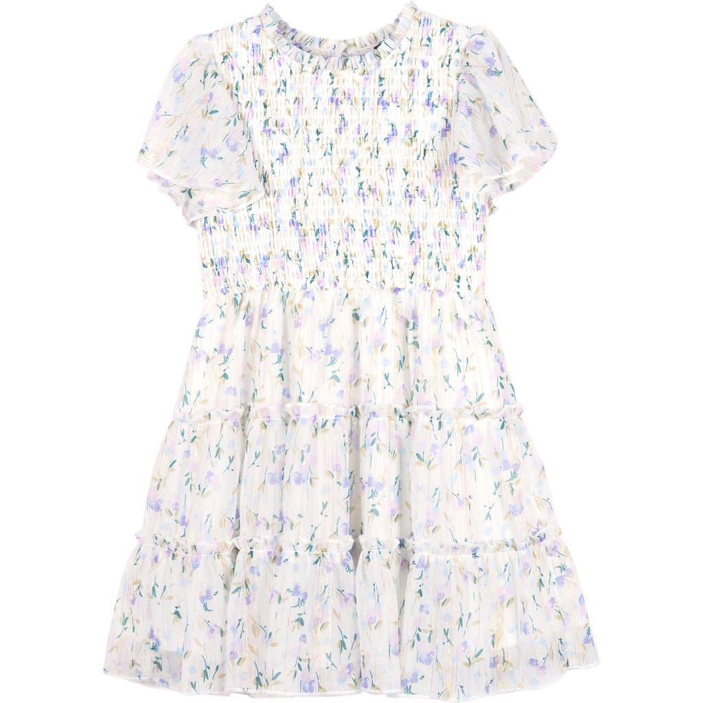 Zunie Kids' Metallic Floral Flutter Sleeve Smocked Bodice Party Dress In Ivory/lilac