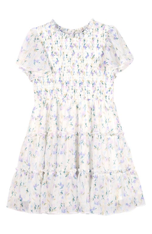 Shop Zunie Kids' Metallic Floral Flutter Sleeve Smocked Bodice Party Dress In Ivory/lilac