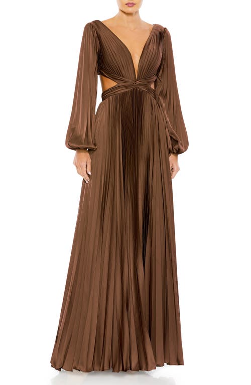 Long Sleeve Pleated Cut-Out Gown in Espresso