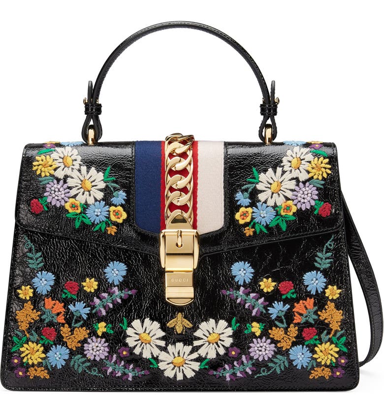 Gucci Medium Sylvie Floral Embroidered Top Handle Leather Shoulder Bag ...