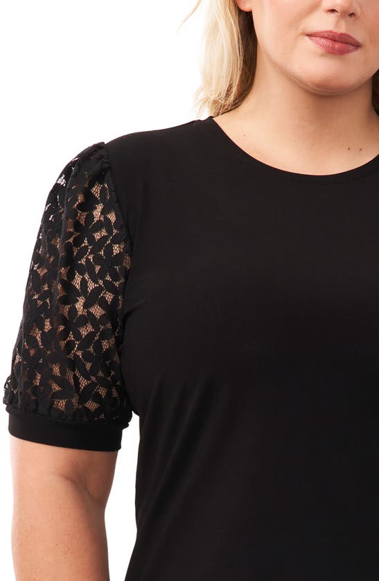 Cece Lace Puff Sleeve Knit Top In Rich Black