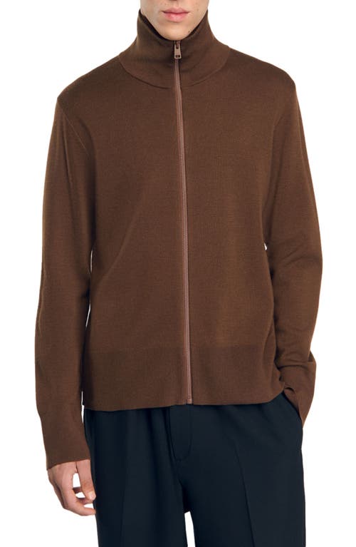 Shop Sandro Zip-up Wool Cardigan In Dark Caramel