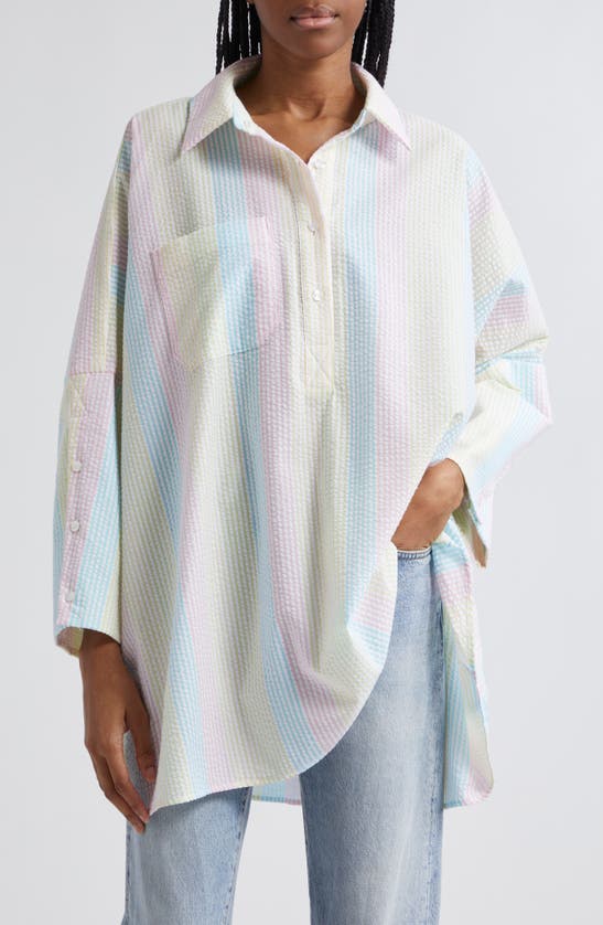 Shop La Vie Style House Pastel Stripe Cotton Seersucker Boyfriend Shirt In Multi Color