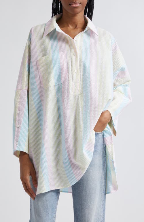 Pastel Stripe Cotton Seersucker Boyfriend Shirt in Multi Color
