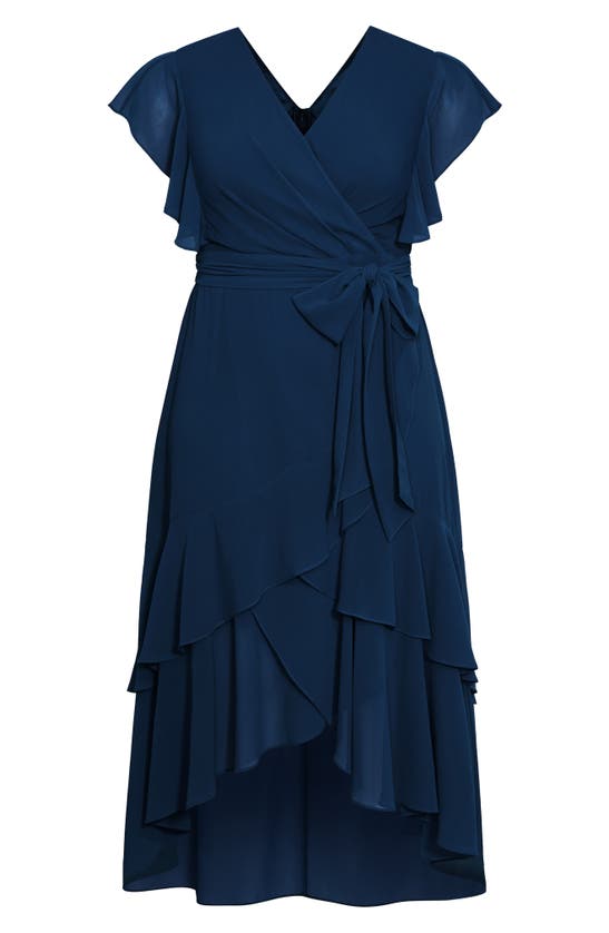 Shop City Chic Ruffle Tie Waist Tiered High-low Maxi Dress In Navy