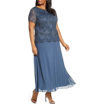 Plus Size Pisarro Nights Beaded Bodice Chiffon Gown, Grey