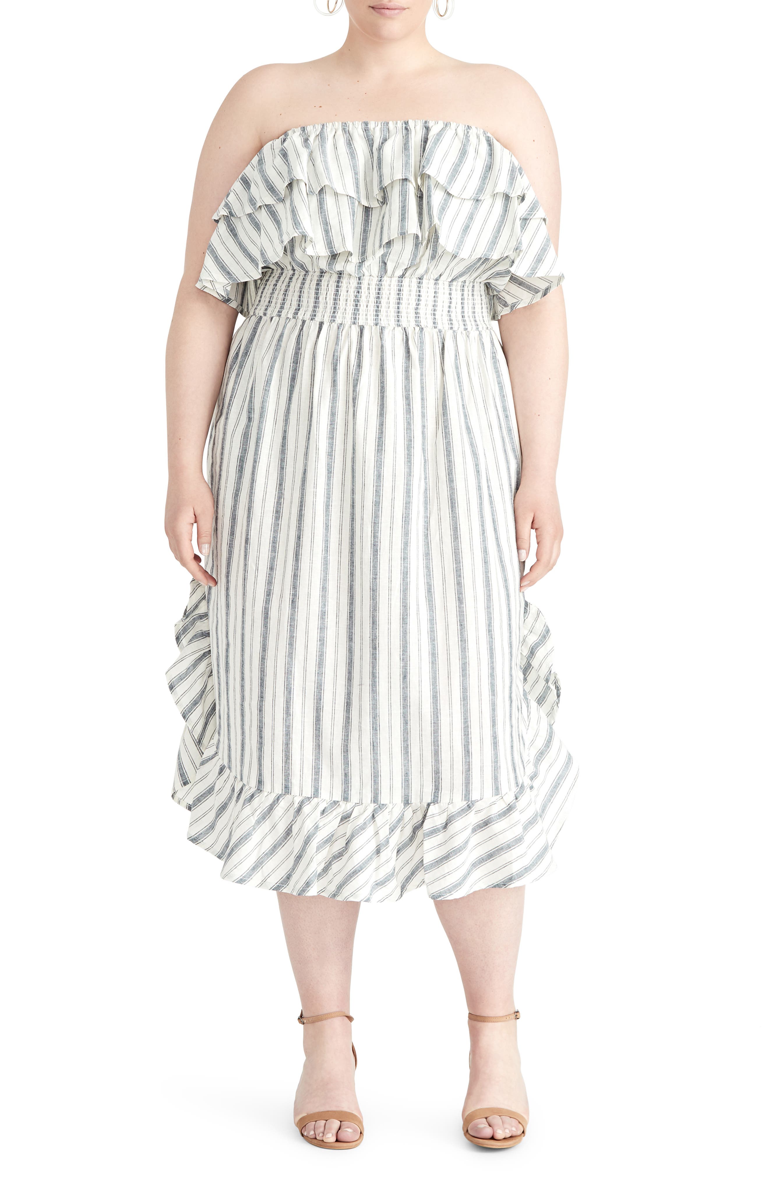 Plus Size Rachel Rachel Roy Jacinita Ruffle Neck Stripe Strapless Dress, Blue