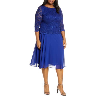 Plus Size Alex Evenings Mock Two-Piece Tea Length Dress, Blue
