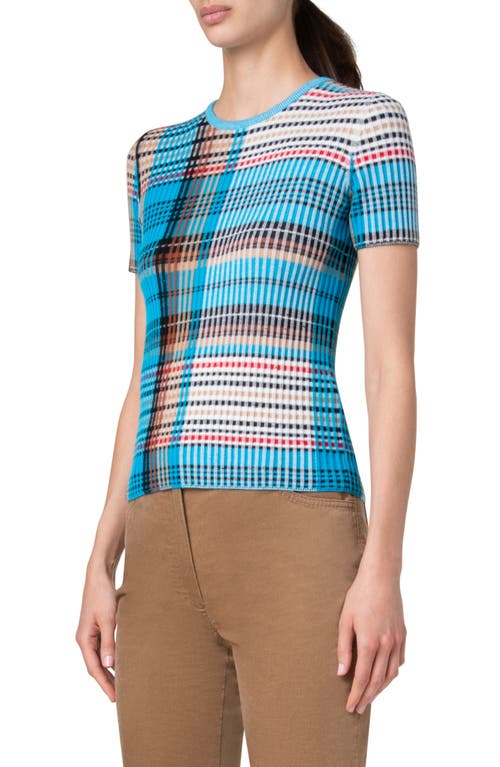 Shop Akris Punto Tartan Short Sleeve Wool Rib Sweater In Multicolor