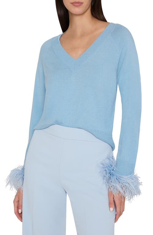 Shop Milly Feather Cuff V-neck Sweater In Ice Blue