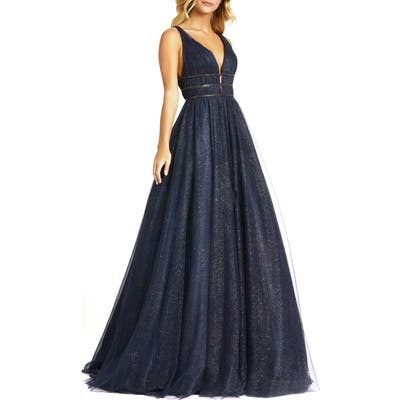 MAC Duggal Plunge Metallic Sleeveless Tulle Ballgown, Blue