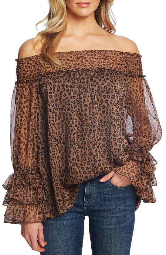 CECE CECE LEOPARD PRINT OFF THE SHOULDER RUFFLE BLOUSE