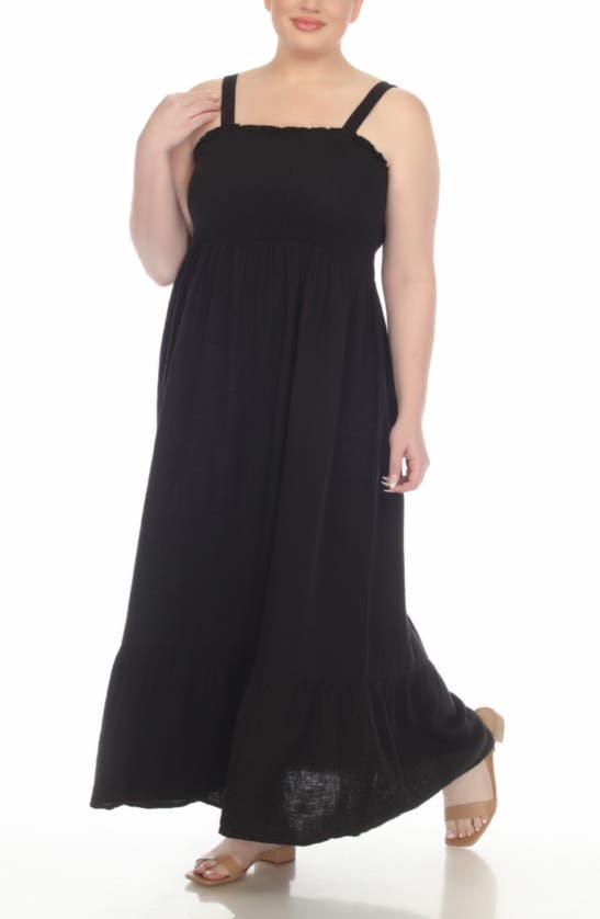 Shop Boho Me Smocked Tiered Cotton Maxi Sundress In Black