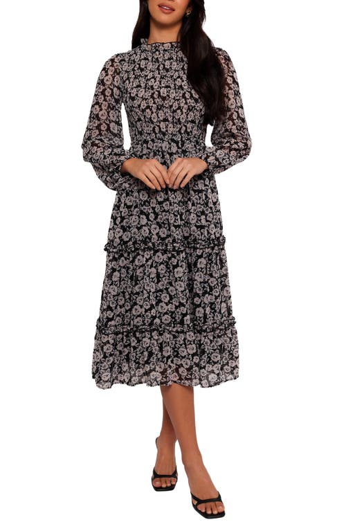 Petal & Pup Edwina Floral Long Sleeve Tiered Midi Dress in Black Floral 