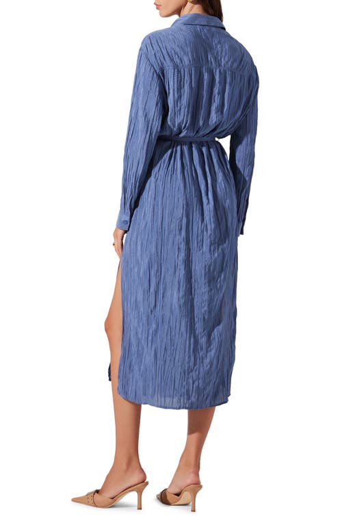 Shop Astr The Label Belted Long Sleeve Midi Shirtdress In Blue