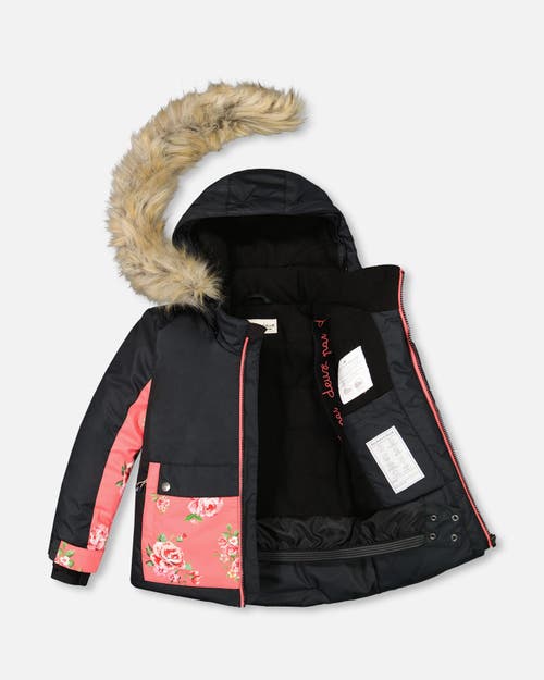 Shop Deux Par Deux Girl's Two Piece Snowsuit Black With Print Pant Printed Coral Flowers