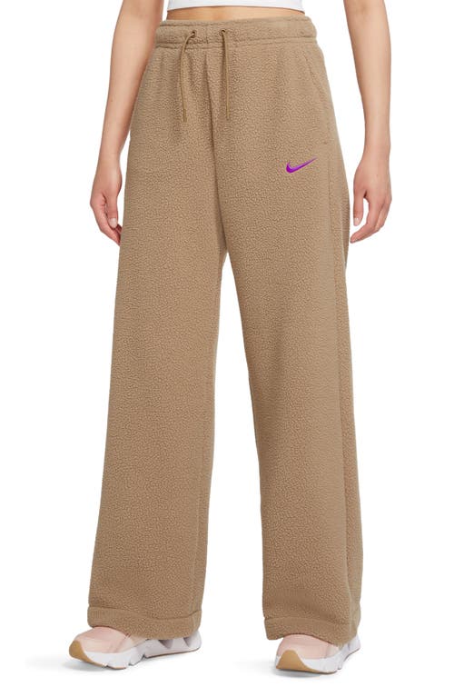 Nike Sportswear Plush Wide Leg Pants in Dark Driftwood/Vivid Purple