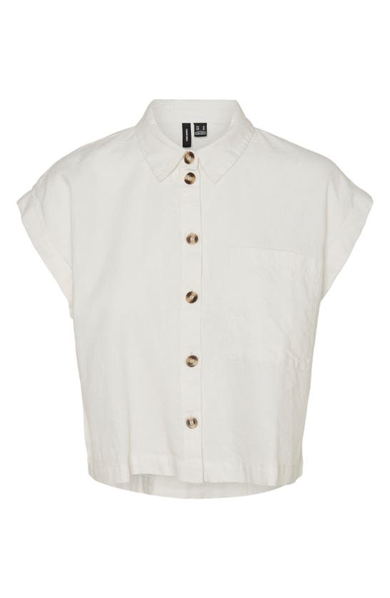 Shop Vero Moda Luna Cap Sleeve Crop Button-up Shirt In Birch