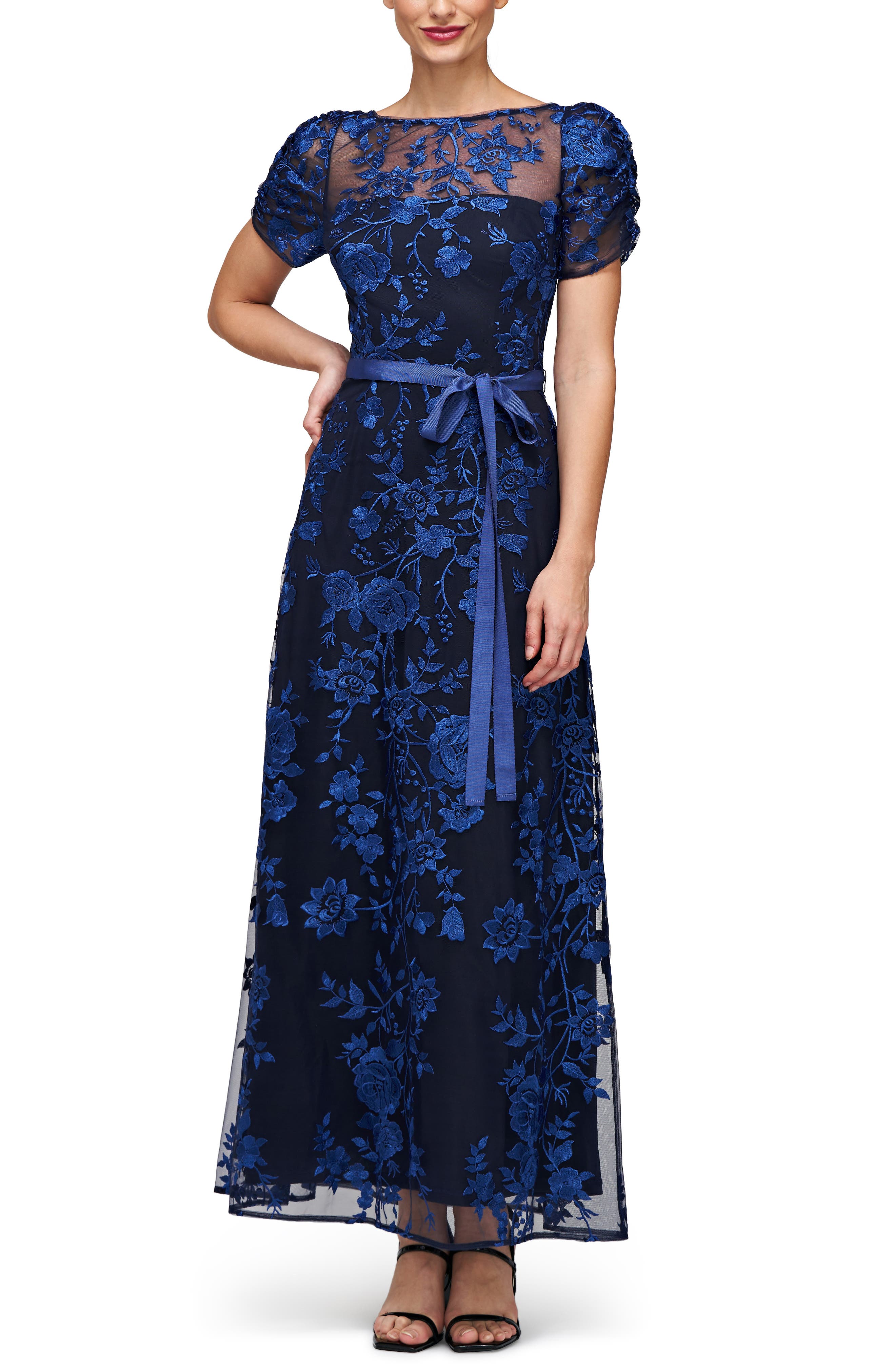 JS Collections Sarah Floral Embroidered Tie Belt Gown in Navy/Indigo |  Smart Closet