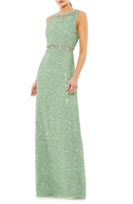 Shop Mac Duggal Embellished Sequin Column Gown In Mint
