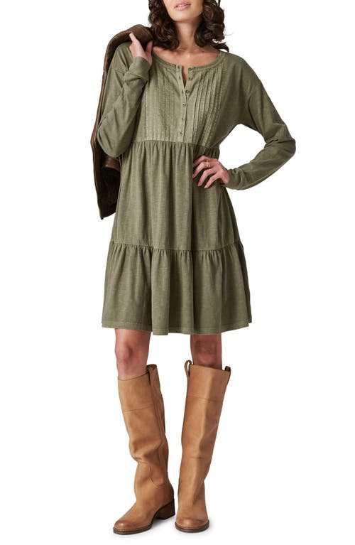 Lucky Brand Pintuck Long Sleeve Tiered Cotton Henley Dress Dusty Olive at Nordstrom,
