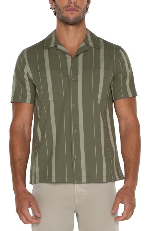 Liverpool Los Angeles Stripe Camp Shirt Olive Ivory at Nordstrom,