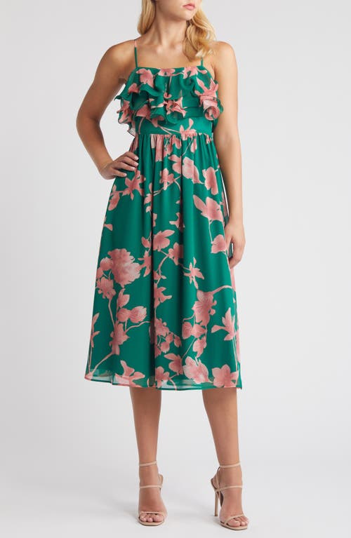 Shop Chelsea28 Printed Tiered Ruffle Chiffon Midi Dress In Green- Pink Opal Blooms