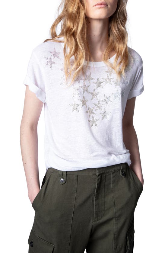 Click to view more detailed imagery on our partner's website Zadig & Voltaire Anya Stars Linen Blend T-shirt In Blanc