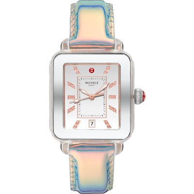 Michele Deco Diamond Sport Watch Head & Leather Strap Watch, mm