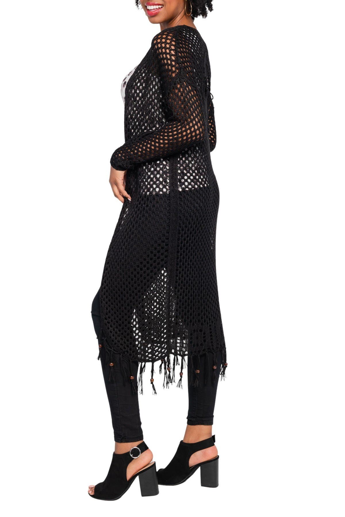 Oneworld Long Sleeve Crochet Duster With Beads In Black