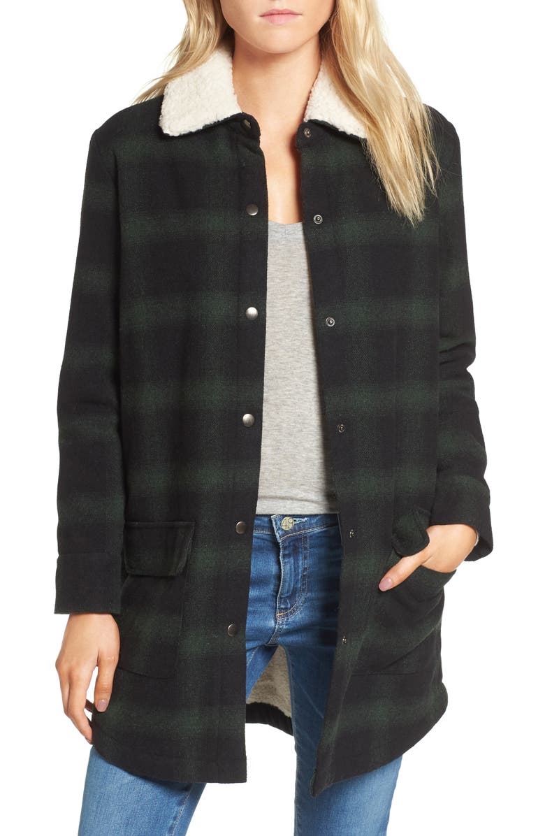 BB DAKOTA BY STEVE MADDEN BB Dakota Bradley Fleece Lined Plaid Coat, Main, color, FOREST GREEN