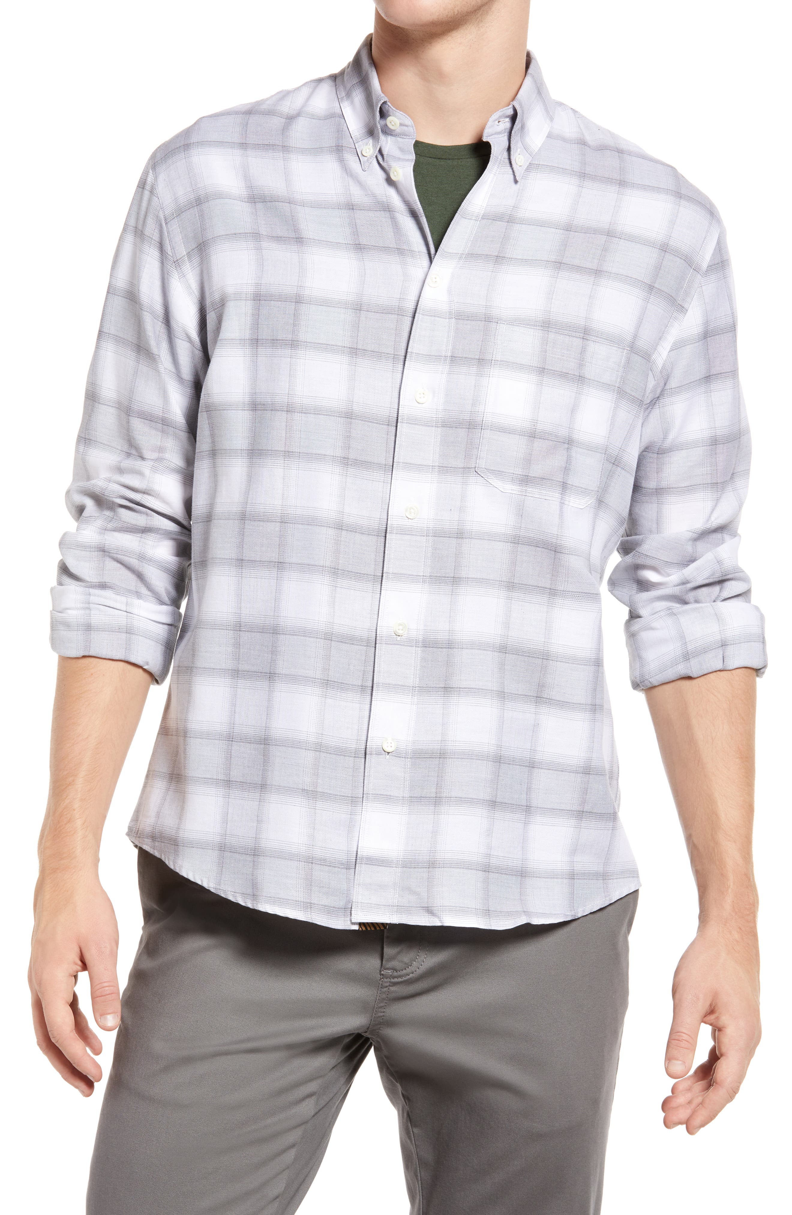 Billy Reid Men's Short Sleeve Clarence Dual Pocket Check Shirt Grey/Beige L & XL 