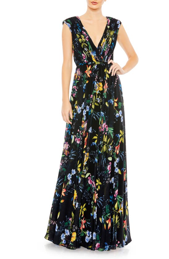Shop Mac Duggal Floral Pleated Sleeveless Gown In Black Multi