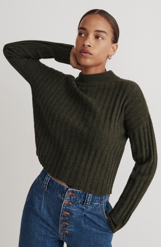 Madewell Mock Neck Crop Sweater In Heather Dark Forest
