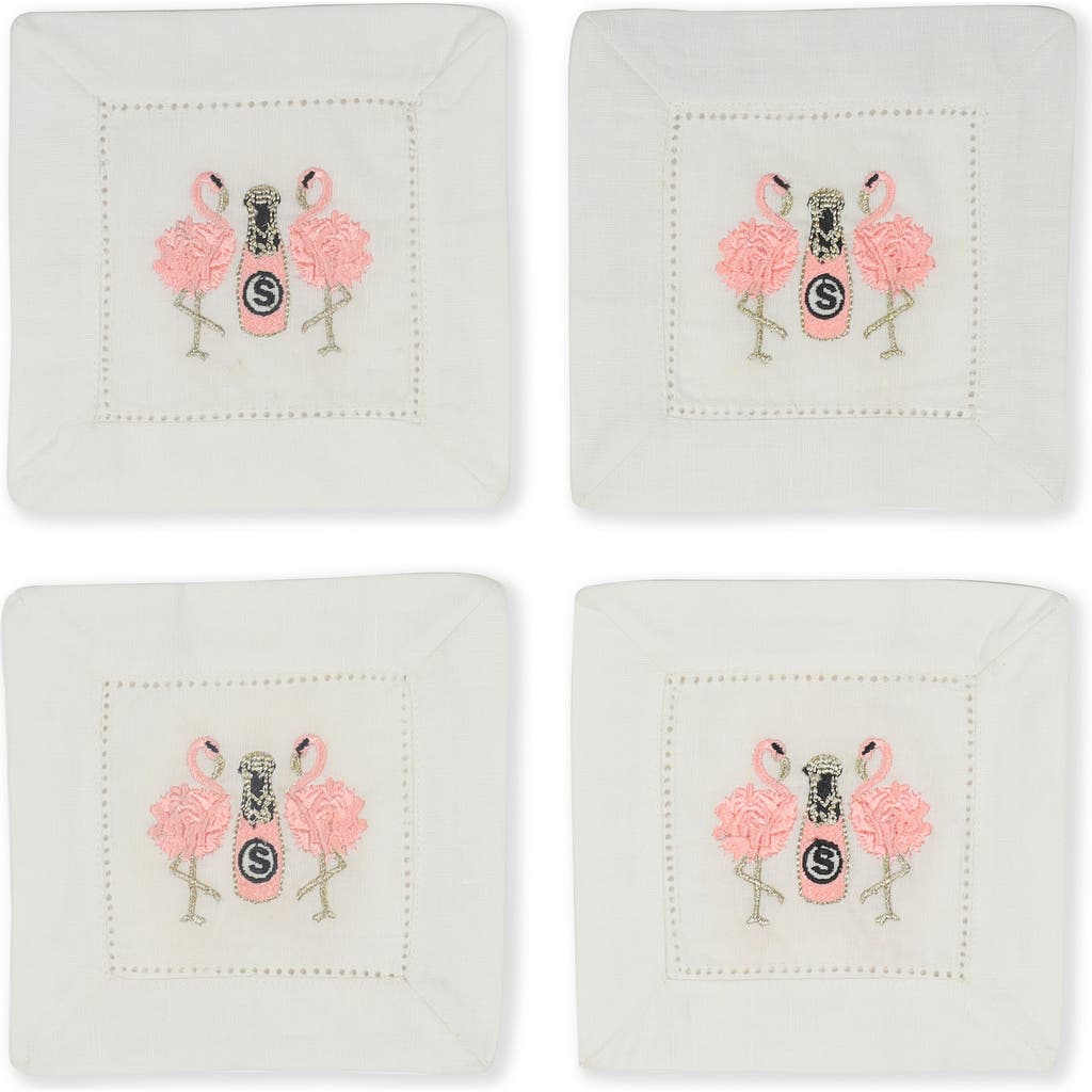 Tiramisu Set Of 4 Embroidered Coasters In White/pink Flamingos