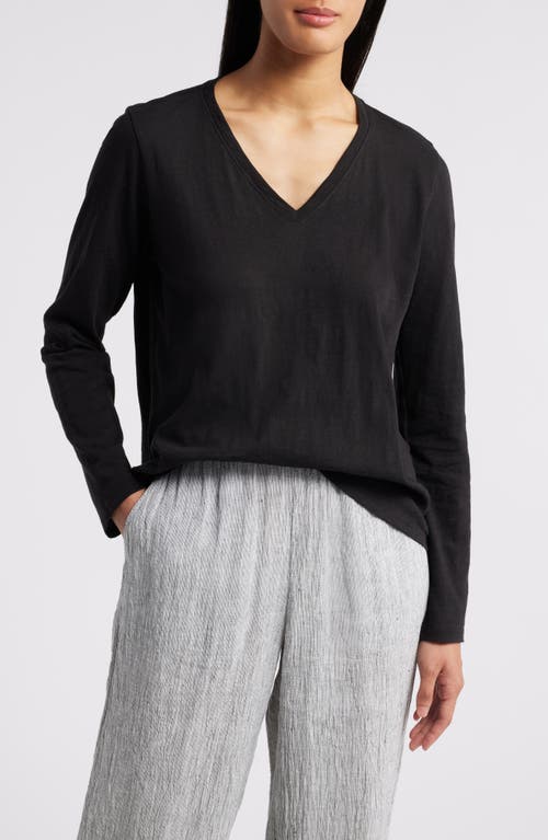 Shop Eileen Fisher Easy V-neck Long Sleeve Organic Cotton T-shirt In Black