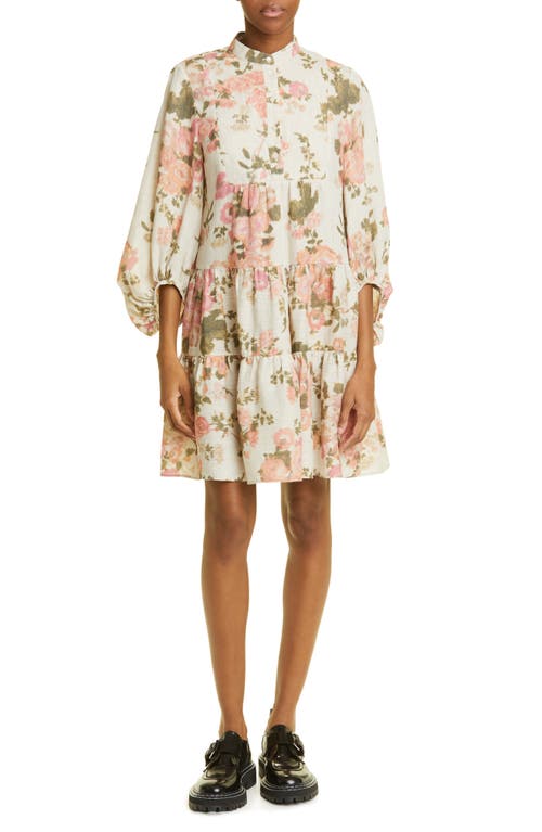 Erdem Winona Floral Print Tiered Linen Dress in Soft Blossom Ecru