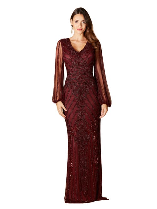 Shop Lara New York Long Flutter Sleeves Beaded Dress In Wine