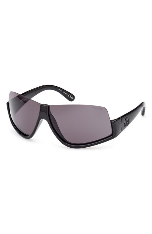 Shop Moncler Vyzer Shield Sunglasses In Shiny Black/smoke Lenses